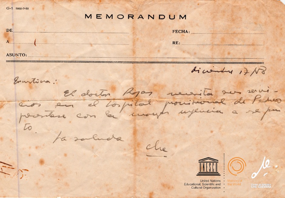 Facsimilar de nota enviada por el Che a Ernestina Mazón en diciembre de 1958 durante la Campaña de Las Villas.